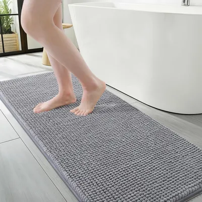 Productafbeelding van Badmat chenille, extra dik, 43x120 cm, grijs, antislip, absorberend, machinewasbaar