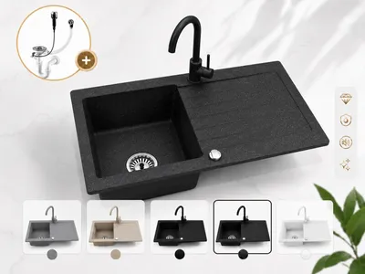 Produktbild von Faizee Home Granitspüle Schwarz Gesprenkelt 75 × 44 cm mit Armatur Schwarz – Einbauspüle mit Abtropffläche, reversibel, inkl. Siphon-Set