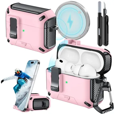 Imagen del producto de Funda magnética para AirPods Pro 3, con soporte para teléfono, color rosa, para auriculares inalámbricos