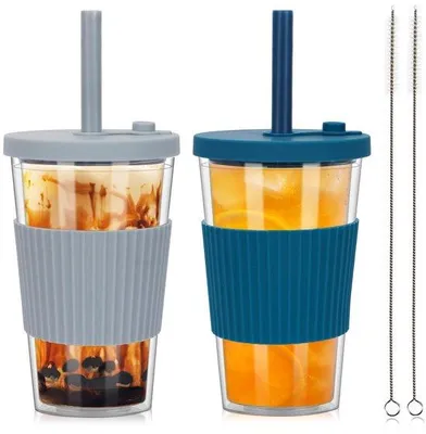 Produktbild von ZgoEC 500 ml Bubble-Tea-Becher mit Strohhalm, 2er-Set Smoothie-Becher aus Kunststoff, wiederverwendbarer Trinkbecher mit Strohhalm, doppelwandiger, isolierter Tumbler, auslaufsicherer Eiskaffee-Becher als Geschenk