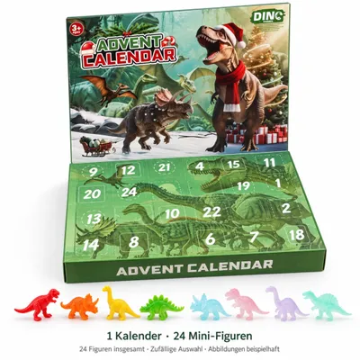Produktbild von Dinosaurier-Adventskalender für Weihnachten, 24 Türchen mit 24 Mini-Figuren, Überraschungsinhalt in zufälliger Auswahl