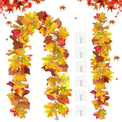 Image de Guirlande artificielle d'automne, avec des feuilles d'érable, 2 pièces, longueur de 1,75 mètre