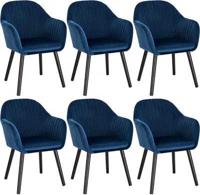 Produktbild von WOLTU 6X Esszimmerstühle Küchenstuhl Wohnzimmerstuhl Design Stuhl Polsterstuhl mit Armlehne Samt Massivholz Schwarze Beine Blau