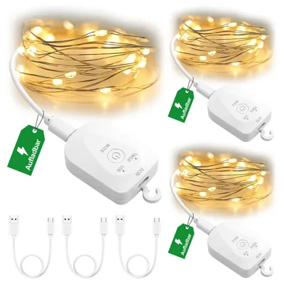 LED-Lichtschnur 2m 20LED, USB-C, 8 Modi, 3er-Set, warmweiß