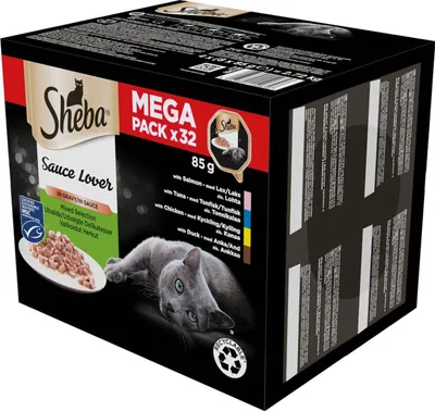 Produktbild von Sheba Sauce Lover - Feinstes Katzennassfutter in der Schale - Feine Vielfalt mit Lachs (MSC), Thunfisch (MSC), Huhn und Ente - 32 x 85g
