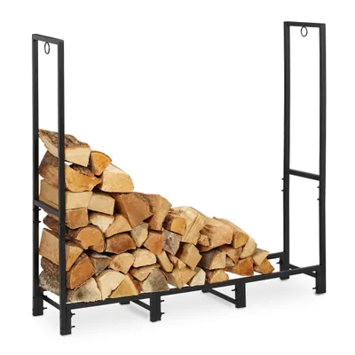 A black metal firewood rack filled with logs, shown against a white background.