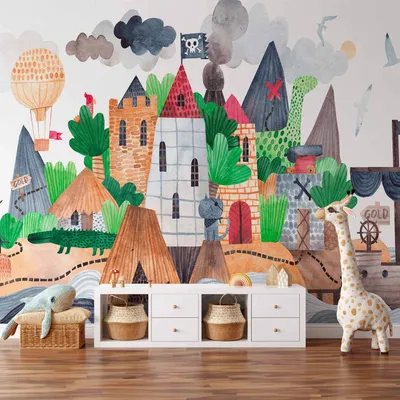 Produktbild von Selbstklebende Folie Fototapete - A colourful treasure island with a castle - a pirate ship at sea for children 196x140 cm Für Kinder e-B-10011-a-a