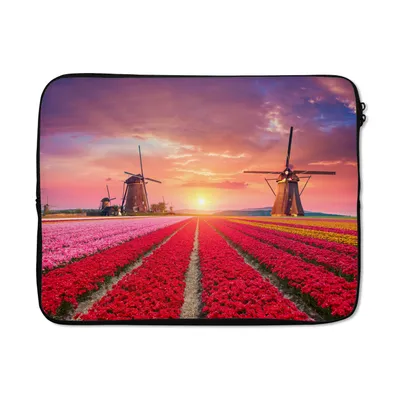 Produktbild von MuchoWow® Laptop Hülle 17 Zoll Laptoptasche Blumen - Windmühle - Tulpen - Sonnenuntergang - Rosa - Zipper - Schutzabdeckung