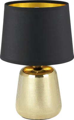 Produktbild von EGLO Tischlampe Manalba 1, Textil Nachttischlampe aus Keramik in gold und Lampenschirm aus Stoff in schwarz und gold, Tischleuchte Wohnzimmer, E14