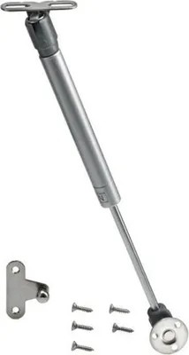 A gas spring strut and its mounting hardware are displayed against a white background.