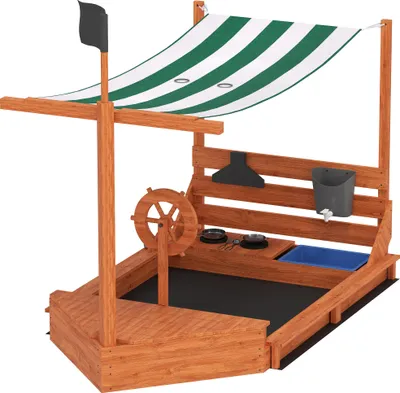 Produktbild von Sandkasten mit Sonnendach Piratenschiff, inkl. Kinderküchenspielset, Massivholz, 180 x 103 x 144,5 cm, Grün