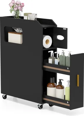 Produktbild von GOPLUS Badezimmerschrank schmal, Badschrank mit Rollen & Papier- & Bürstenhalter, Schiebeschrank mit Schublade & Tür, für Waschküche (50 x 16 x 69 cm)