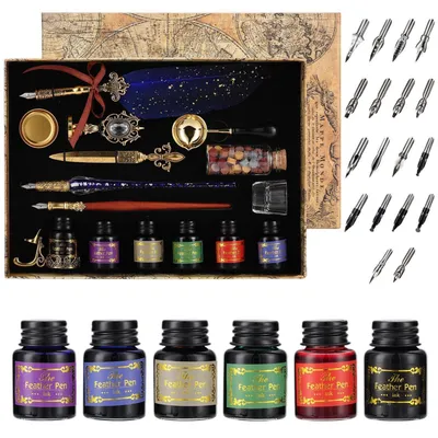 Produktbild von Kalligrafie Set mit Federkiel, Tinte und Wachssiegel, 18 Ersatzspitzen, Geschenkbox, Blau