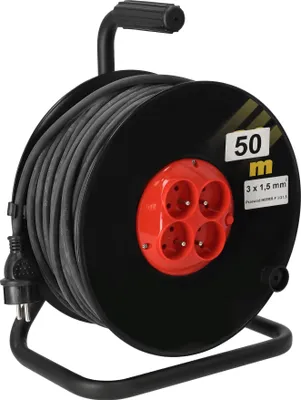 Zdjęcie produktu dla KOTARBAU® Przedluzacz duzy 3x1,5 mm2 50 m Z bebnem i 4-krotnym wylacznikiem termicznym Uziemienie gumowym przewodem Stalowy stojak Idealne wyposazenie do piwnicy