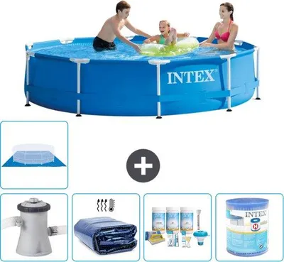 Obrázek produktu pro Kulatý rámový bazén Intex - 305 x 76 cm - modrý - včetně čerpadla - markýzy - balíčku na údržbu - filtru - ochranné plachty - solární podložky