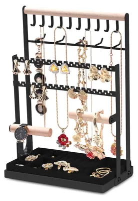 Produktbild von Schmuckständer, Schmuckorganizer mit abnehmbarem Sockel, Schmuckbaum mit Kettenhaltern, Aufbewahrungsgestell für Halsketten, Armbänder und Ringe, schwarz