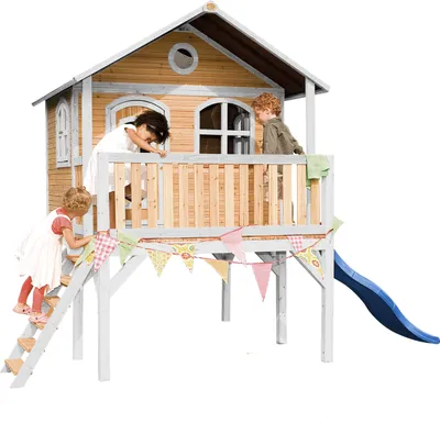 Produktbild von AXI Spielhaus Sophie mit blaue Rutsche | Stelzenhaus in Braun & Weiß aus Holz für Kinder | Spielturm mit Wellenrutsche für den Garten