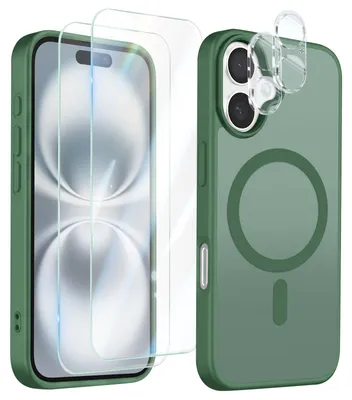 Image de Avizar, coque de protection MagSafe pour iPhone 16, avec 2 protections d'écran en verre trempé et 2 protections pour l'appareil photo, couleur vert foncé