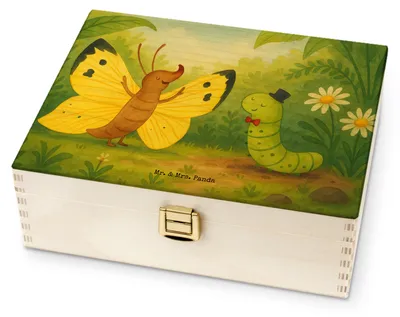 Produktbild von Mr. & Mrs. Panda teebox holz Raupe Schmetterling Design - Weiß - Geschenk, für Paare, Lustige Sprüche, Tee Sortierbox, Hütchen, Teedose, Entwicklung, Hut, Zitronenfalter