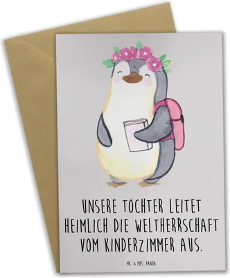 Produktbild von Mr. & Mrs. Panda Grußkarte Tochter Weltherrschaft - Grau Pastell - Geschenk, weihnachtskarten, einladungskarten, Einfallsreichtum, Grußkarten, Handarbeit, Familienleben