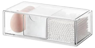 Produktbild von Wattestäbchenhalter, stapelbarer Schubladenorganizer, transparenter Wattestäbchenhalter mit 3 Fächern, herausnehmbarer Kosmetikschubladenorganizer, Wattepadhalter mit Deckel, für Schminktisch, Badezimmer