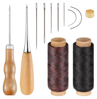 Produktbild von Ledergarn Nähset - 12-teilig mit 2 Rollen Wachsgarn 100m, 7 Ledernadeln, 2 Nähahlen und 1 Fingerhut - für Lederhandwerk und Reparaturen