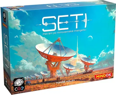 The image shows the box of a board game with a scene of radio telescopes under a blue sky.