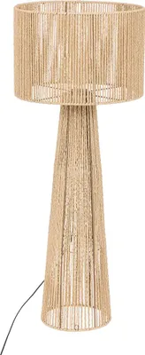 A floor lamp made of natural-colored rope.