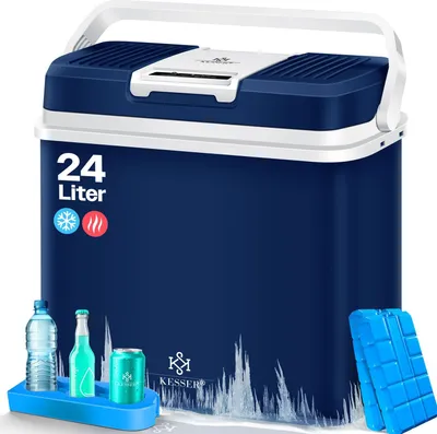 A blue KESSER cooler box with a white handle and lid, placed on a white background. It displays text and icons indicating its capacity and function. Accessories like bottles and a cooling pack are placed in front of it.