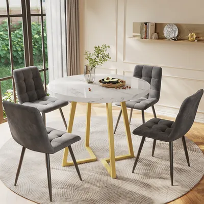 Produktbild von Sweiko Esstisch-Set (5-teilig), Esstisch-Set mit 4 Stühlen, modernes Küchentisch-Set, runder Küchentisch mit 80 cm Durchmesser und goldenen Metallbeinen, weiße MDF-Tischplatte, dunkelgraue Samt-Esszimmerstüh