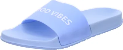 Produktbild von Badepantoletten MY1789-LTBL Blau mit 'Good Vibes' Schriftzug auf dem Riemen