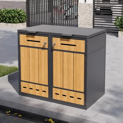 Productafbeelding van Afvalcontainerbox - 132 x 84,5 x 118 cm, grijs met houtlook, staal, geschikt voor 2 afvalcontainers, afsluitbaar, geventileerd