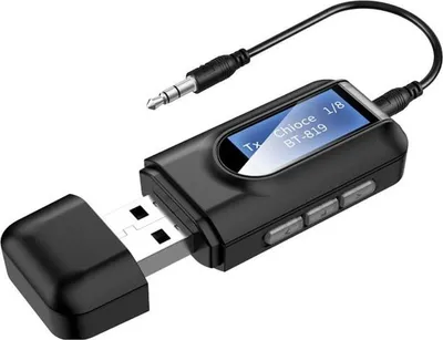 Produktbild von Bluetooth 5.0 Adapter-Sender mit LCD-Bildschirm, 3-in-1-Funkempfänger und -Sender, zwei 3,5-mm-Klinkenanschlüsse