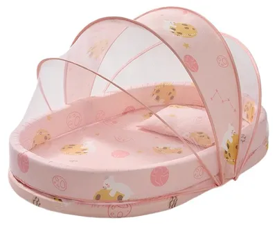 Produktbild von Baby Mückennetz für Neugeborene, Bettchen mit Insektenschutz, faltbar mit stabilem 4-Stangen-Rahmen, Rosa Bär