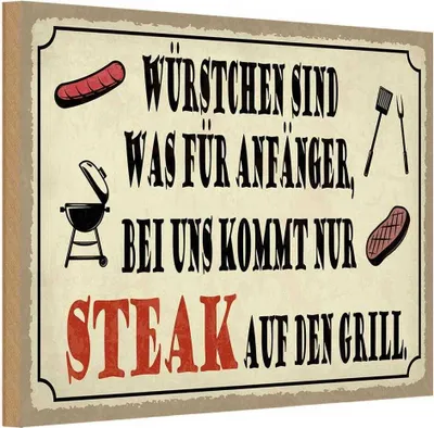Produktbild von vianmo Holzschild 12x18 cm bei uns kommt Steak auf Grill Essen Trinken
