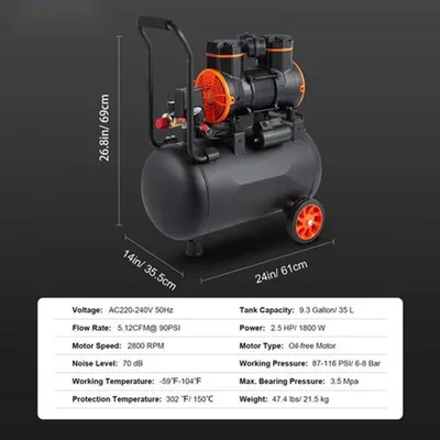 Immagine prodotto di Compressore d'aria - 35 litri - Senza olio - 2,5 cavalli - Silenzioso (70 dB) - 8 bar - Portatile