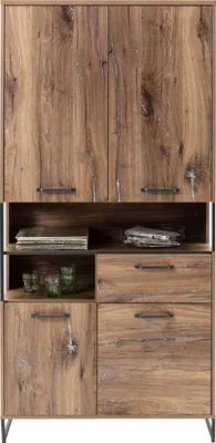 Produktbild von Vitrine - Flagstaff Eiche Nachbildung - Schwarz - Metall - B 95 cm - 4 Türen - 1 Schublade