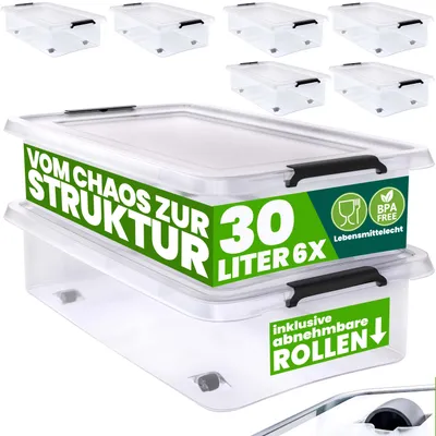 Produktbild von DEUBA® Aufbewahrungsboxen 6 x 30l mit Deckel und Rollen, stapelbar, transparent Kunststoff BPA-frei Klickverschluss, RB60 für Büro, Garage, Waschraum
