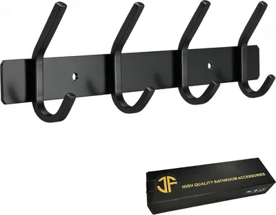 Produktbild von Wandgarderobe Edelstahl, 4 schwarze Haken, korrosionsbeständig, für Badezimmer, Küche und Schlafzimmer