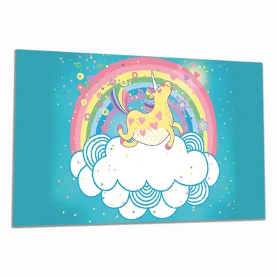 Produktbild von Wallario Herdabdeckplatte aus Glas, Größe 90 x 52 cm 1-teilig, Motiv Lustiges Einhorn auf einer Wolke vor Regenbogen