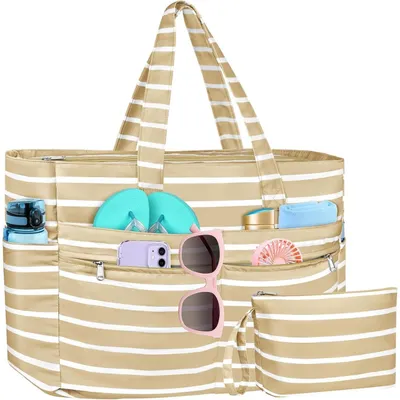 Produktbild von Strandtasche XXL Wasserdicht Damen mit Reißverschluss Faltbar Khaki Streifen