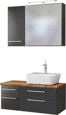 Produktbild von Badmöbel Set mit LED-Spiegelschrank 90 cm & Keramik Aufsatzwaschbecken Rechts TAREE-03 in matt grau
