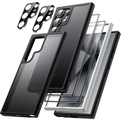 Immagine prodotto di Custodia protettiva opaca 5-in-1 per Samsung Galaxy S24 Ultra 5G, con 2 pellicole protettive e protezione per la fotocamera, trasparente nera