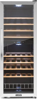 Produktbild von Klarstein Weinkühlschrank, 2 Zonen Getränkekühlschrank Schmal, Outdoor-Kühlschrank mit Glastür, Flaschenkühlschrank Klein mit UV-Schutz, Weinschrank für Getränke, Leiser Weinkühler 5-18°C, 54 Flaschen