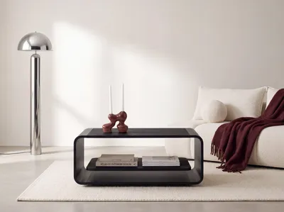 Produktbild von Couchtisch 100 x 50 cm mit Schwebender Ablage in Schwarz – Moderner Wohnzimmertisch mit Abgerundetem Metallgestell in Schwarz & Versteckten Rollen – EU