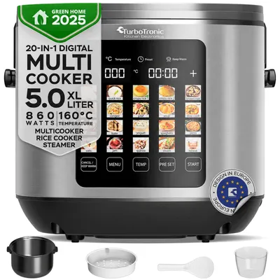 Produktbild von TurboTronic Multikocher – DMC23 – 5 L, 20 Programme, 860 W, Slow Cooker, Schongarer, Dampfgarer & Reiskocher, digitale Bedienung, automatische Warmhaltefunktion Silber