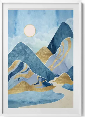 Produktbild von Abstrakte Landschaft mit Bergen und Sonnenschein– Wandbild mit Rahmen – Gerahmtes Bild  – Wanddekoration – 70x100 cm –  Weiß Rahmen