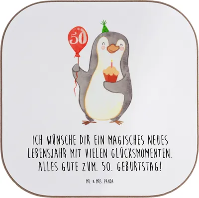 Produktbild von Mr. & Mrs. Panda Untersetzer für Gläser 50. Geburtstag Pinguin Luftballon - Weiß - Geschenk, Getränkeuntersetzer, gläseruntersetzer, Tischuntersetzer, Geburtstagsgeschenk