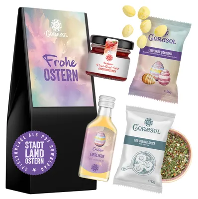 Produktbild von Corasol Feinkost Oster Geschenkset Frohe Ostern für Erwachsene mit Eierlikör, Fruchtaufstrich, Rühreigewürz & Bonbons