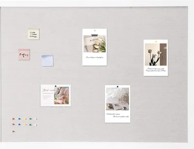 A bulletin board with several photos and sticky notes pinned to it.